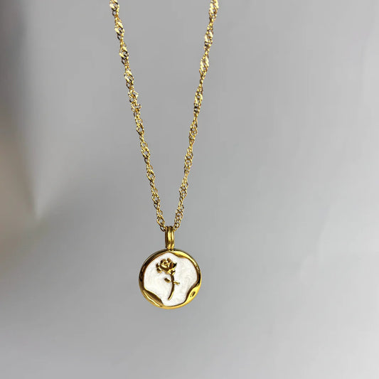 White Rose Circle Pendant Necklace