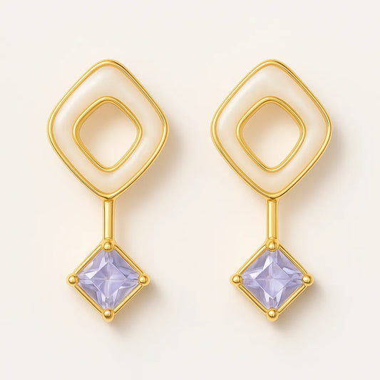 Lavender Stone Drop Earrings – Gold-Plated Geometric Statement with Enamel Accents - Everray.in
