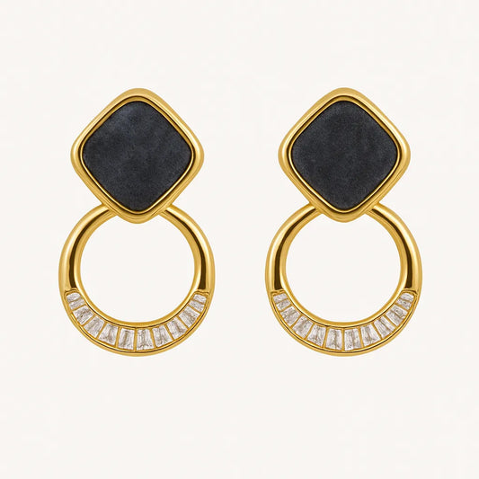 Noir Luxe Geometric Dangle Earrings – Gold with Black Enamel & Crystals - Everray.in