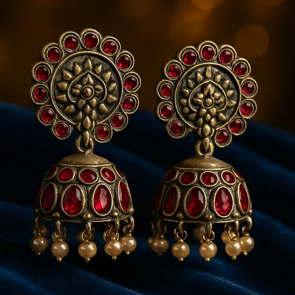 Noor Jhumka - Oxidized Silver & Ruby-Red Elegant statement Jhumkas