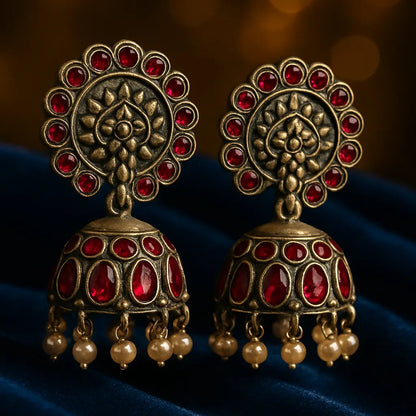 Noor Jhumka - Oxidized Silver & Ruby-Red Elegant statement Jhumkas