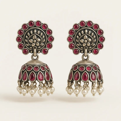 Noor Jhumka - Oxidized Silver & Ruby-Red Elegant statement Jhumkas