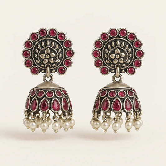 Noor Jhumka - Oxidized Silver & Ruby-Red Elegant statement Jhumkas