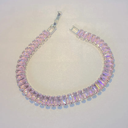 Pink SIlver tennis bracelet By everray on a light gray background