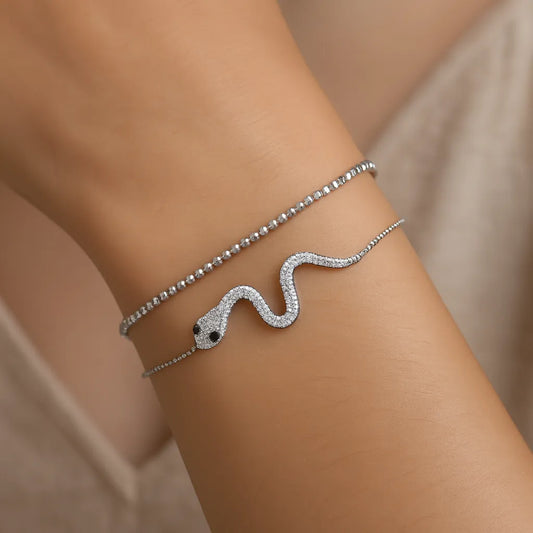 Silver Snake Bracelet – Edgy Charm with Sparkling Stones | Hypoallergenic