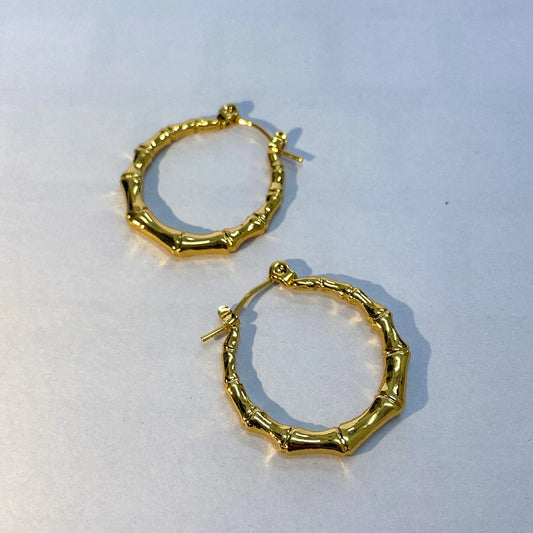 Gold hoop earrings on a light gray background
