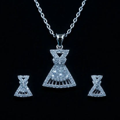 Sparkling Silver Dress-Shaped Pendant & Earring Set – CZ Diamond Look, Hypoallergenic - Everray.in