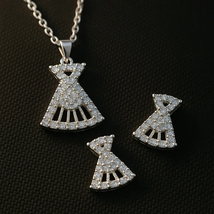 Sparkling Silver Dress-Shaped Pendant & Earring Set – CZ Diamond Look, Hypoallergenic - Everray.in