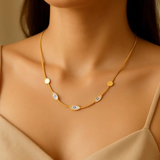 Triple Evil Eye Gold Necklace – Minimal Snake Chain, Enamel Charm, Adjustable Length - Everray.in