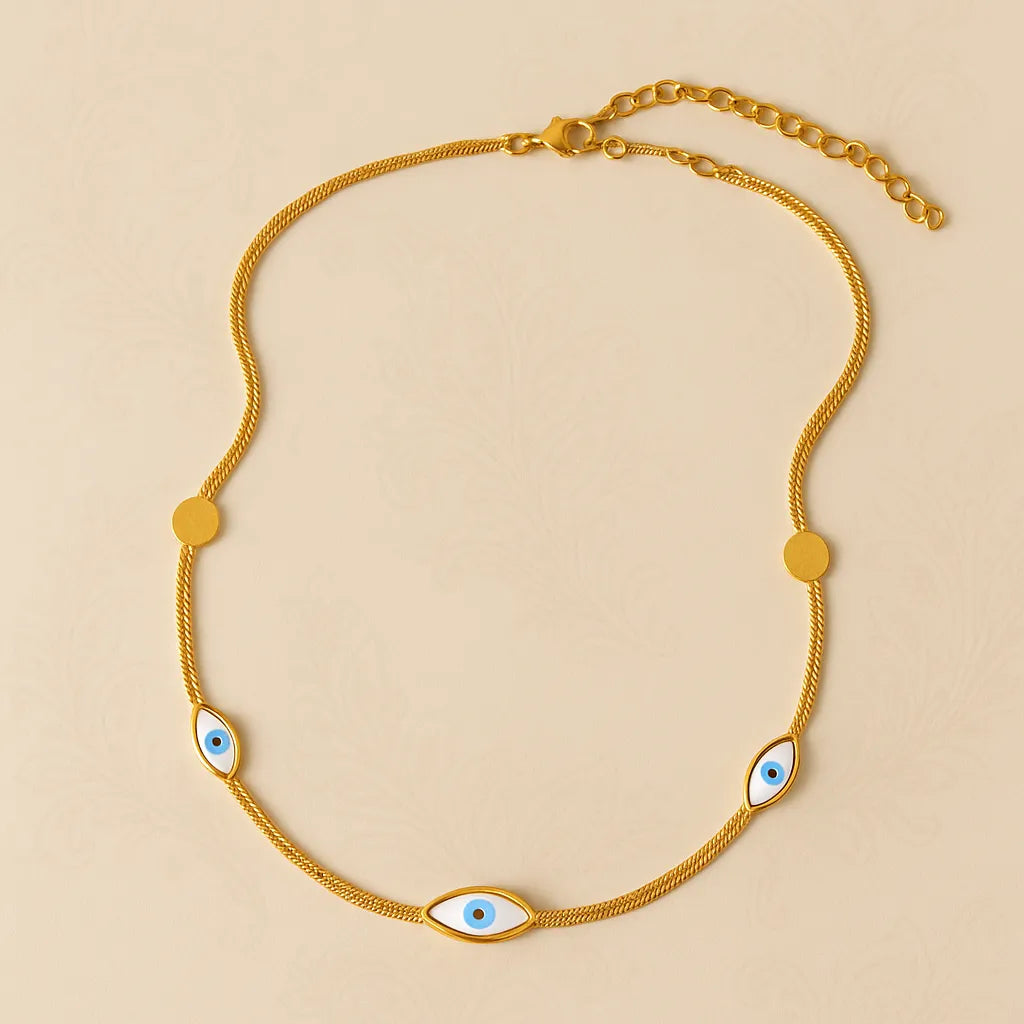Triple Evil Eye Gold Necklace – Minimal Snake Chain, Enamel Charm, Adjustable Length - Everray.in