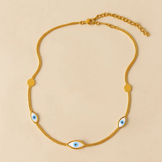 Triple Evil Eye Gold Necklace – Minimal Snake Chain, Enamel Charm, Adjustable Length - Everray.in